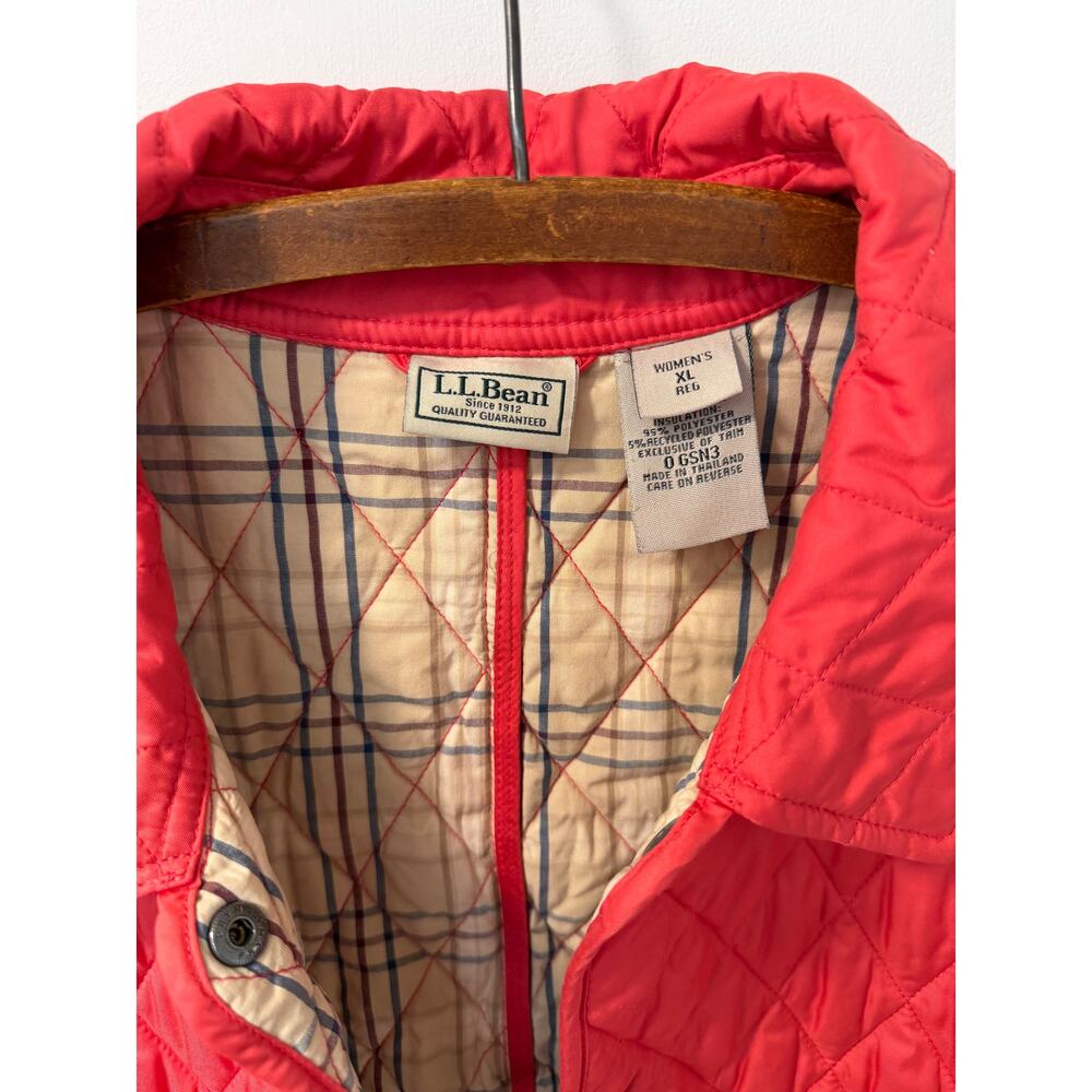 LL Bean Quilted Riding Jacket Women's XL Coral Pink Plaid Lining Snaps - Picture 3 of 6
